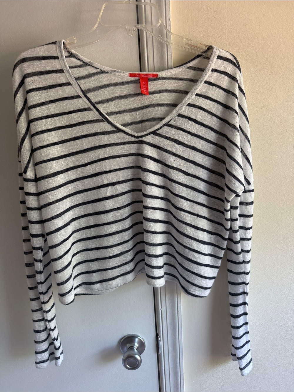 Chelsea & Violet White and Black Striped V-Neck Sweater